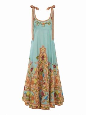 Designer Aqua Floral Embroidered Maxi Dress with Tie Straps